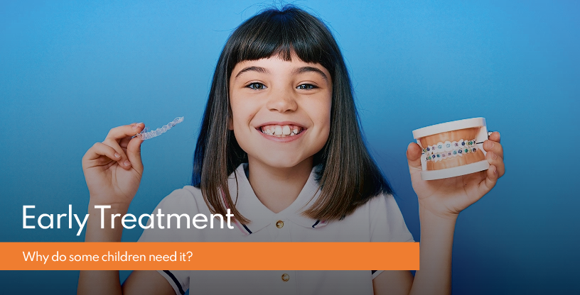 Smiling girl holding clear aligner and braces